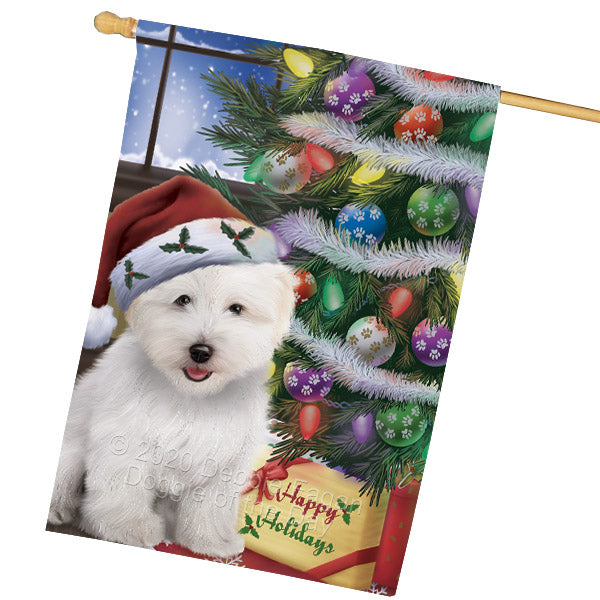 Christmas Tree and Presents Coton De Tulear Dog House Flag Outdoor Decorative Double Sided Pet Portrait Weather Resistant Premium Quality Animal Printed Home Decorative Flags 100% Polyester FLG69155