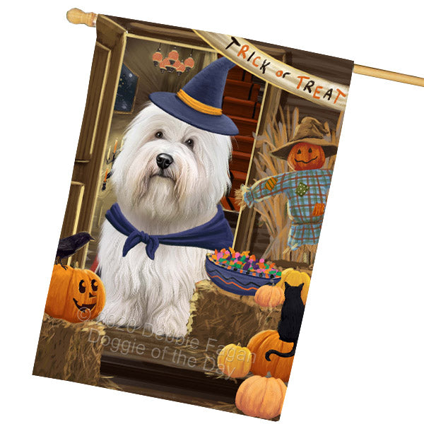 Enter at Your Own Risk Halloween Trick or Treat Coton De Tulear Dogs House Flag Outdoor Decorative Double Sided Pet Portrait Weather Resistant Premium Quality Animal Printed Home Decorative Flags 100% Polyester FLG69040