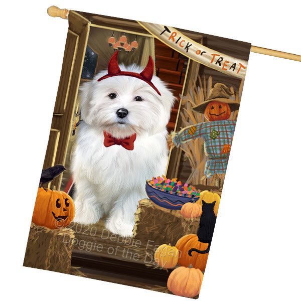 Enter at Your Own Risk Halloween Trick or Treat Coton De Tulear Dogs House Flag Outdoor Decorative Double Sided Pet Portrait Weather Resistant Premium Quality Animal Printed Home Decorative Flags 100% Polyester FLG69041