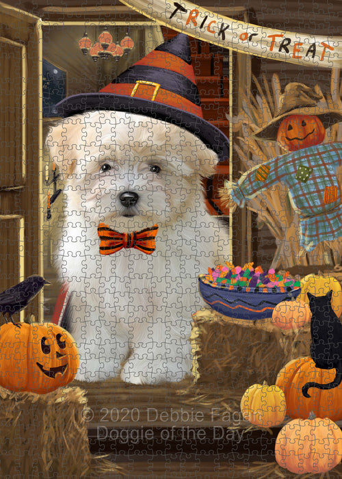 Enter at Your Own Risk Halloween Trick or Treat Coton De Tulear Dogs Portrait Jigsaw Puzzle for Adults Animal Interlocking Puzzle Game Unique Gift for Dog Lover's with Metal Tin Box PZL525