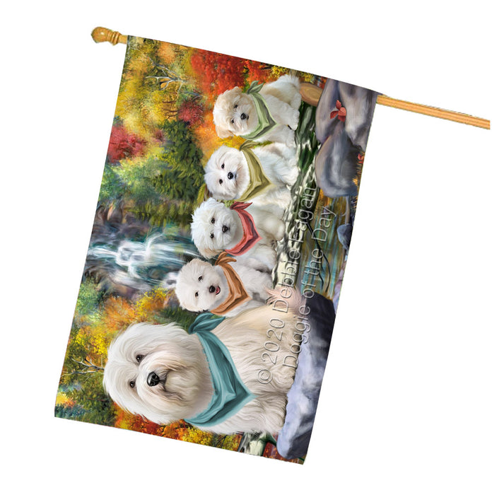 Scenic Waterfall Coton De Tulear Dogs House Flag Outdoor Decorative Double Sided Pet Portrait Weather Resistant Premium Quality Animal Printed Home Decorative Flags 100% Polyester