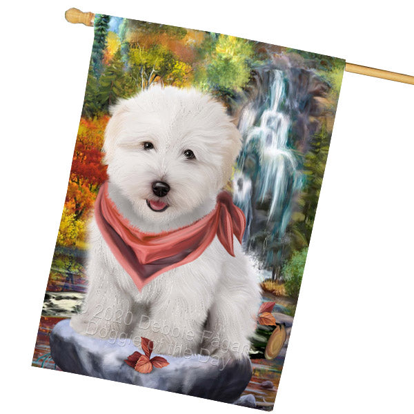 Scenic Waterfall Coton De Tulear Dog House Flag Outdoor Decorative Double Sided Pet Portrait Weather Resistant Premium Quality Animal Printed Home Decorative Flags 100% Polyester FLG69254