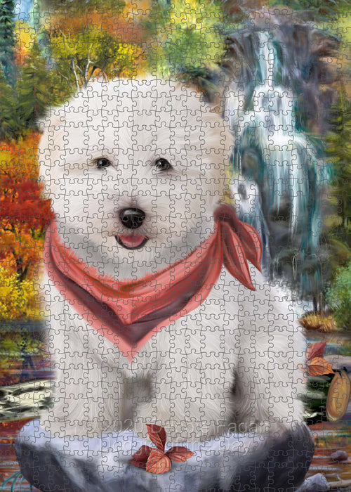 Scenic Waterfall Coton De Tulear Dog Portrait Jigsaw Puzzle for Adults Animal Interlocking Puzzle Game Unique Gift for Dog Lover's with Metal Tin Box PZL673