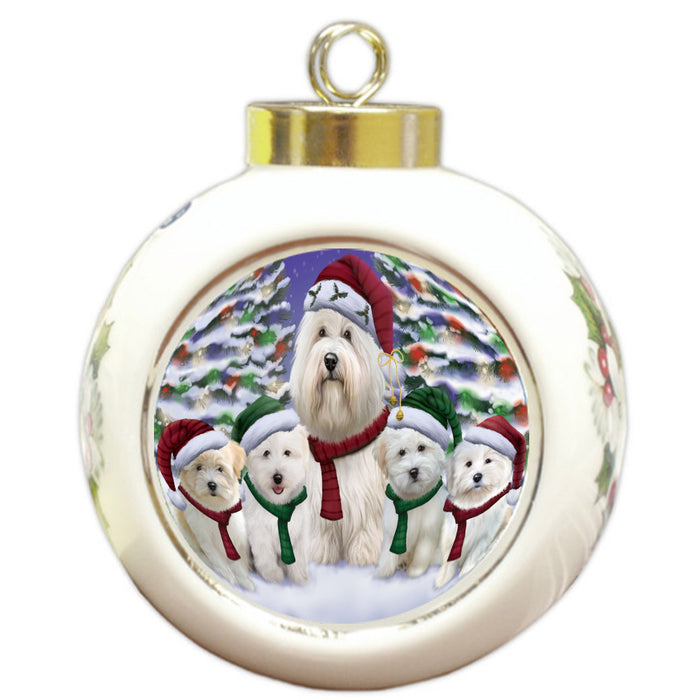 Christmas Happy Holidays Coton De Tulear Dogs Family Portrait Round Ball Christmas Ornament Pet Decorative Hanging Ornaments for Christmas X-mas Tree Decorations - 3" Round Ceramic Ornament
