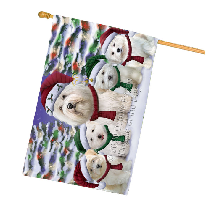 Christmas Happy Holidays Coton De Tulear Dogs Family Portrait House Flag Outdoor Decorative Double Sided Pet Portrait Weather Resistant Premium Quality Animal Printed Home Decorative Flags 100% Polyester