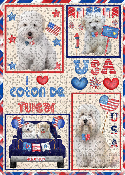 4th of July Independence Day I Love USA Coton De Tulear Dogs Portrait Jigsaw Puzzle for Adults Animal Interlocking Puzzle Game Unique Gift for Dog Lover's with Metal Tin Box