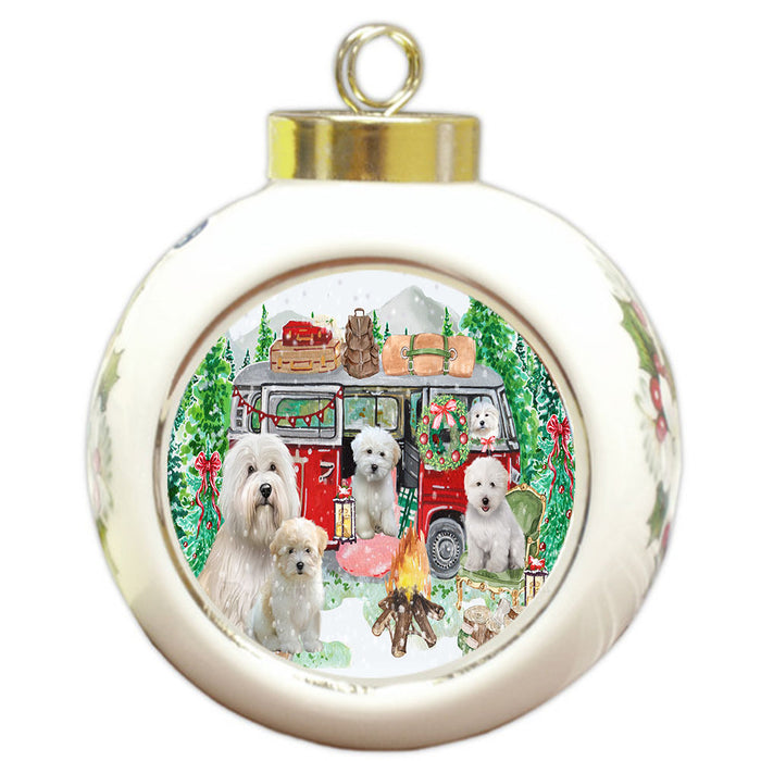 Christmas Time Camping with Coton De Tulear Dogs Round Ball Christmas Ornament Pet Decorative Hanging Ornaments for Christmas X-mas Tree Decorations - 3" Round Ceramic Ornament