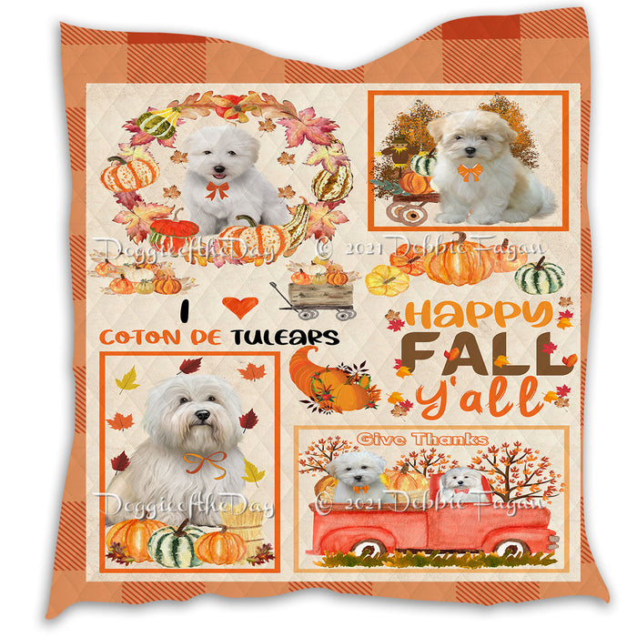 Happy Fall Y'all Pumpkin Coton De Tulear Dogs Quilt Bed Coverlet Bedspread - Pets Comforter Unique One-side Animal Printing - Soft Lightweight Durable Washable Polyester Quilt