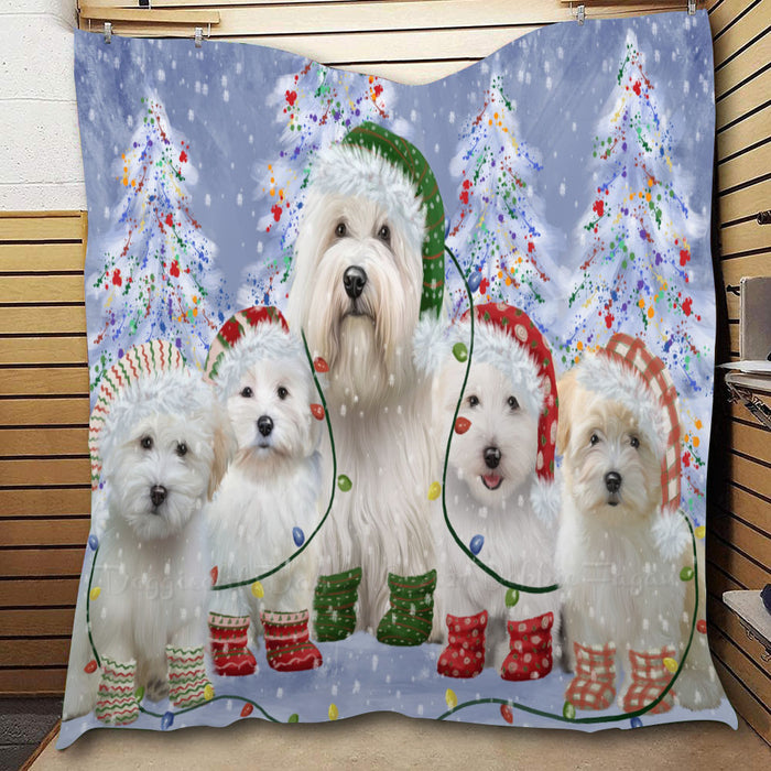 Christmas Lights and Coton De Tulear Dogs  Quilt Bed Coverlet Bedspread - Pets Comforter Unique One-side Animal Printing - Soft Lightweight Durable Washable Polyester Quilt