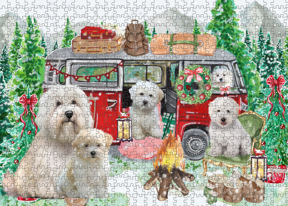 Christmas Time Camping with Coton De Tulear Dogs Portrait Jigsaw Puzzle for Adults Animal Interlocking Puzzle Game Unique Gift for Dog Lover's with Metal Tin Box