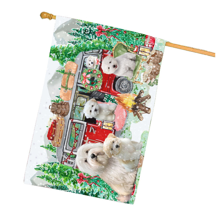 Christmas Time Camping with Coton De Tulear Dogs House Flag Outdoor Decorative Double Sided Pet Portrait Weather Resistant Premium Quality Animal Printed Home Decorative Flags 100% Polyester