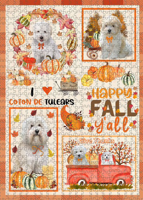 Happy Fall Y'all Pumpkin Coton De Tulear Dogs Portrait Jigsaw Puzzle for Adults Animal Interlocking Puzzle Game Unique Gift for Dog Lover's with Metal Tin Box