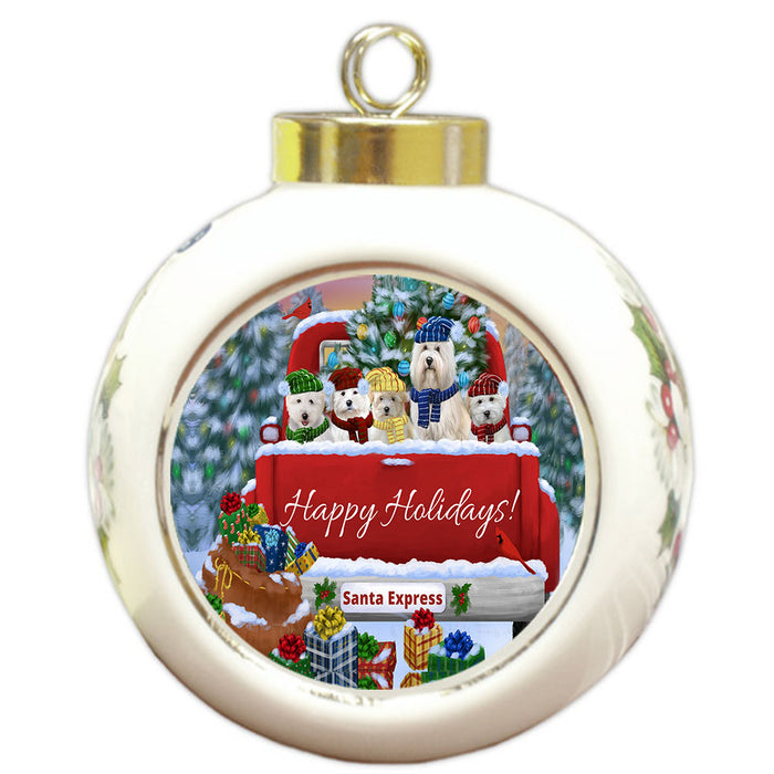 Christmas Red Truck Travlin Home for the Holidays Coton De Tulear Dogs Round Ball Christmas Ornament Pet Decorative Hanging Ornaments for Christmas X-mas Tree Decorations - 3" Round Ceramic Ornament
