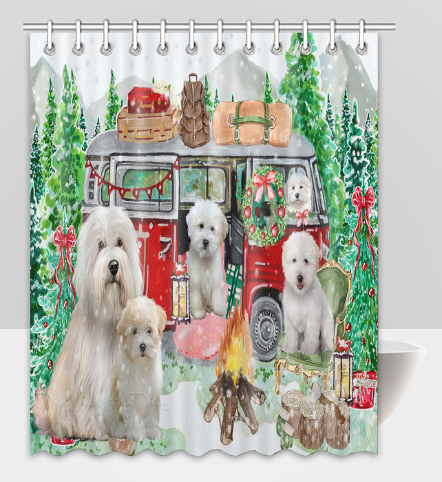 Christmas Time Camping with Coton De Tulear Dogs Shower Curtain Pet Painting Bathtub Curtain Waterproof Polyester One-Side Printing Decor Bath Tub Curtain for Bathroom with Hooks