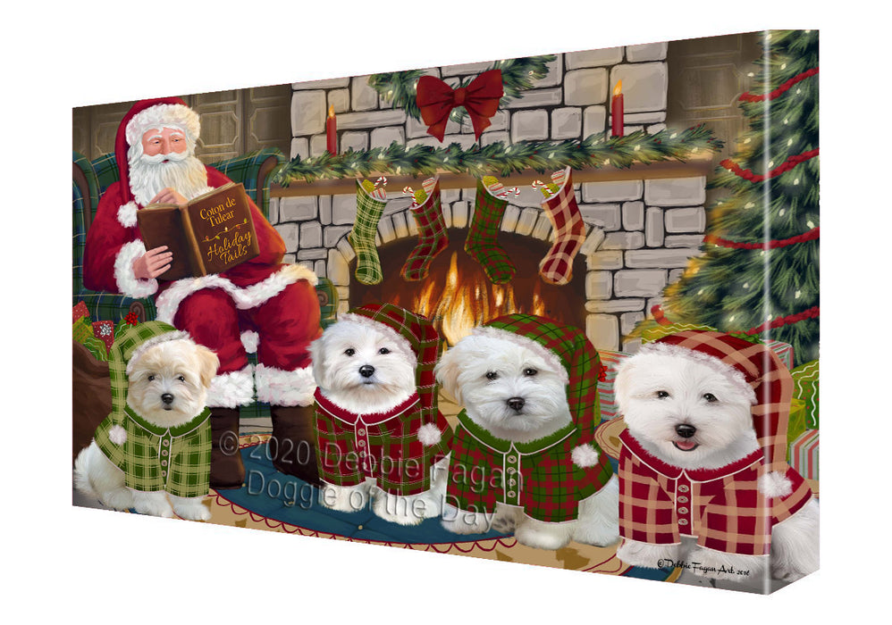 Christmas Cozy Fire Holiday Tails Coton De Tulear Dogs Canvas Wall Art - Premium Quality Ready to Hang Room Decor Wall Art Canvas - Unique Animal Printed Digital Painting for Decoration