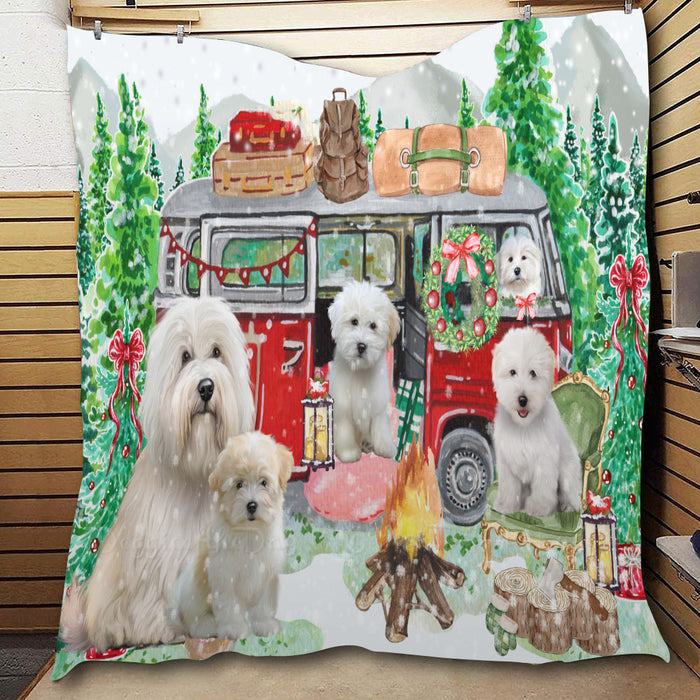 Christmas Time Camping with Coton De Tulear Dogs  Quilt Bed Coverlet Bedspread - Pets Comforter Unique One-side Animal Printing - Soft Lightweight Durable Washable Polyester Quilt
