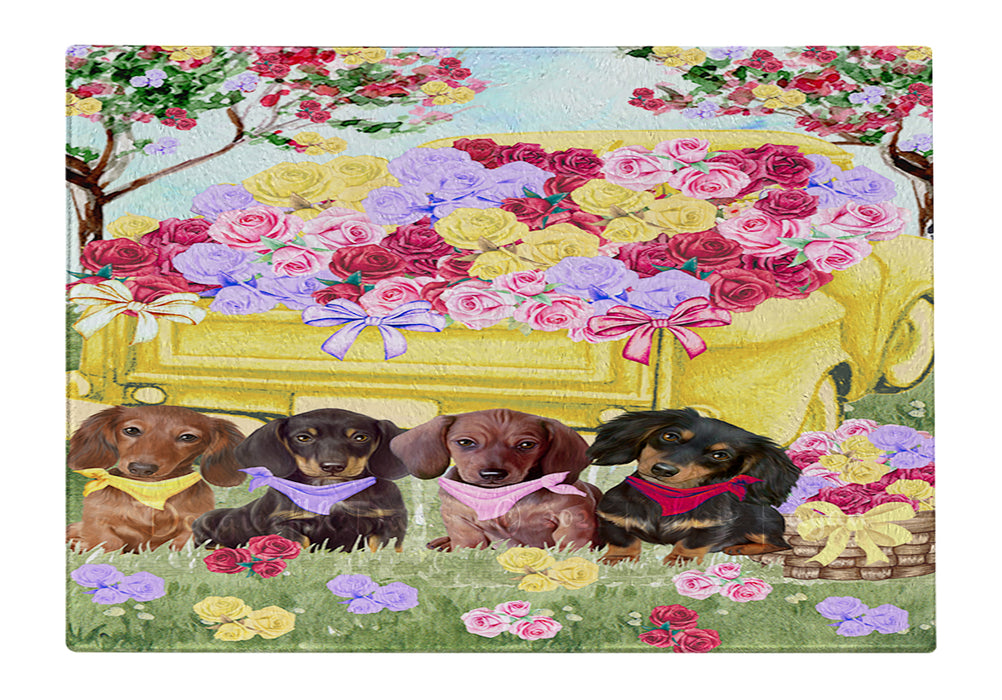Floral Yellow Truck Dachshund Dogs Cutting Board - For Kitchen - Scratch & Stain Resistant - Designed To Stay In Place - Easy To Clean By Hand - Perfect for Chopping Meats, Vegetables