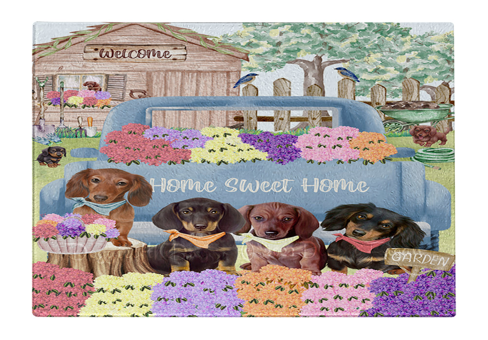 Rhododendron Home Sweet Home Garden Blue Truck Dachshund Dogs Cutting Board - For Kitchen - Scratch & Stain Resistant Designed To Stay In Place Perfect for Chopping Meats, Vegetables