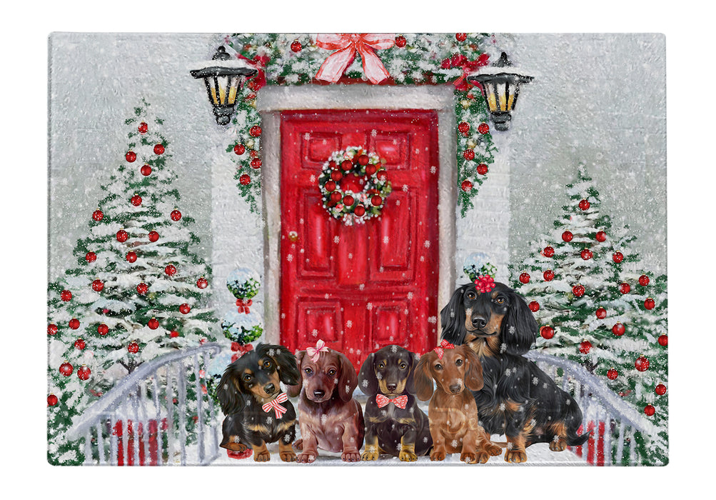 Christmas Holiday Welcome Red Door Dachshund Dogs Cutting Board - For Kitchen - Scratch & Stain Resistant Designed To Stay In Place Perfect for Chopping Meats, Vegetables