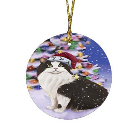 Winterland Wonderland Cymric Cat In Christmas Holiday Scenic Background Round Flat Christmas Ornament RFPOR56060