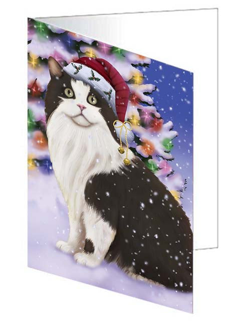 Winterland Wonderland Cymric Cat In Christmas Holiday Scenic Background Handmade Artwork Assorted Pets Greeting Cards and Note Cards with Envelopes for All Occasions and Holiday Seasons GCD71627