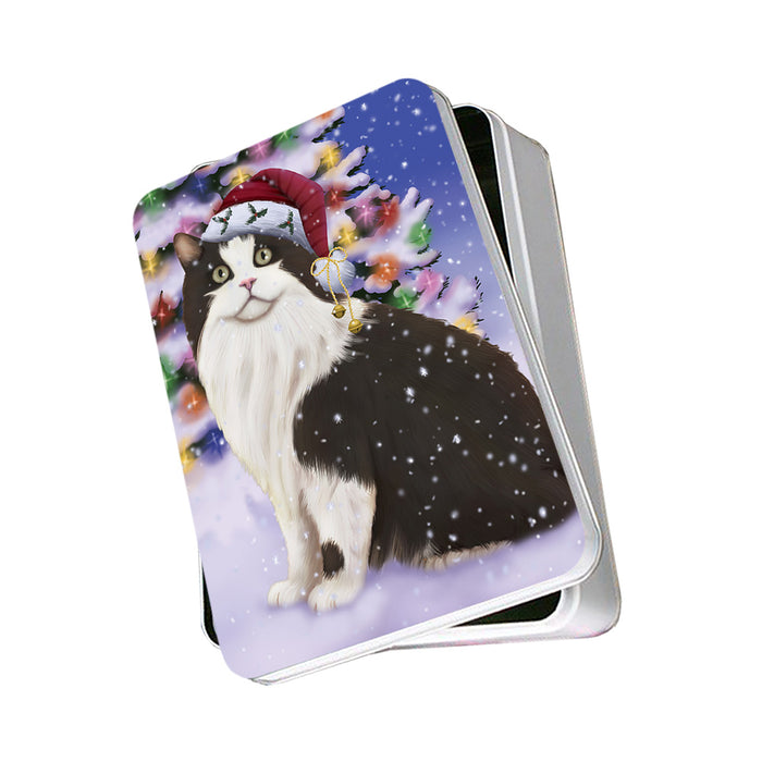 Winterland Wonderland Cymric Cat In Christmas Holiday Scenic Background Photo Storage Tin PITN55647