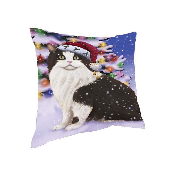 Winterland Wonderland Cymric Cat In Christmas Holiday Scenic Background Pillow PIL71744