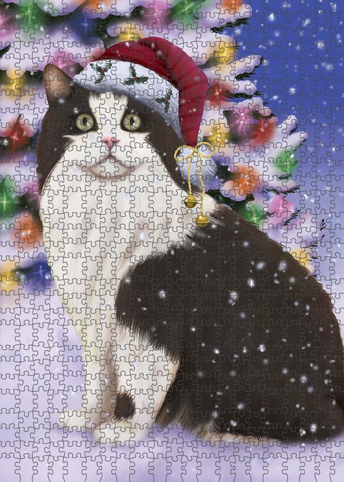 Winterland Wonderland Cymric Cat In Christmas Holiday Scenic Background Puzzle  PUZL91020