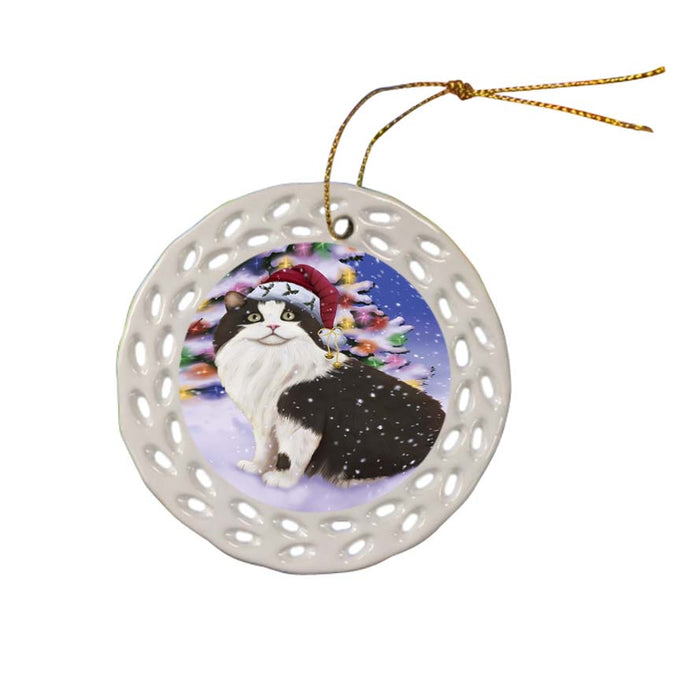 Winterland Wonderland Cymric Cat In Christmas Holiday Scenic Background Ceramic Doily Ornament DPOR56060
