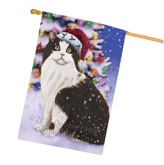 Winterland Wonderland Cymric Cat In Christmas Holiday Scenic Background House Flag FLG56133