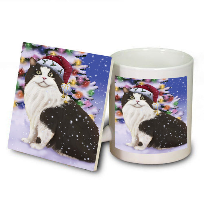 Winterland Wonderland Cymric Cat In Christmas Holiday Scenic Background Mug and Coaster Set MUC55696