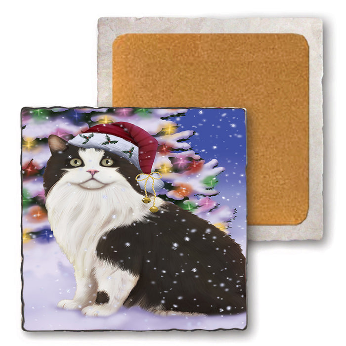 Winterland Wonderland Cymric Cat In Christmas Holiday Scenic Background Set of 4 Natural Stone Marble Tile Coasters MCST50704