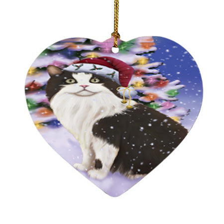 Winterland Wonderland Cymric Cat In Christmas Holiday Scenic Background Heart Christmas Ornament HPOR56060