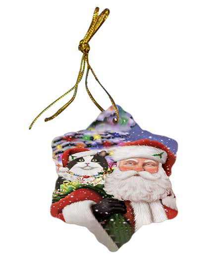 Santa Carrying Cymric Dog and Christmas Presents Star Porcelain Ornament SPOR55862