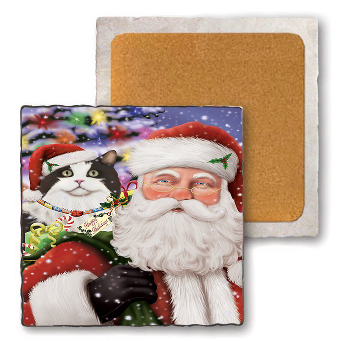 Santa Carrying Cymric Dog and Christmas Presents Set of 4 Natural Stone Marble Tile Coasters MCST50506