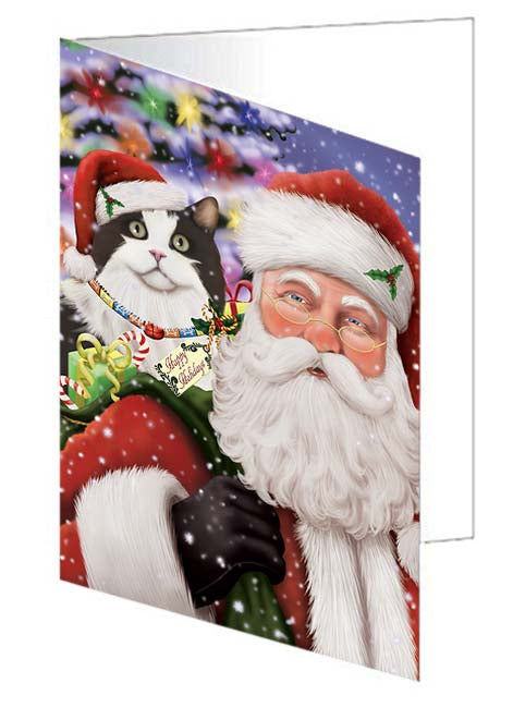 Santa Carrying Cymric Dog and Christmas Presents Handmade Artwork Assorted Pets Greeting Cards and Note Cards with Envelopes for All Occasions and Holiday Seasons GCD71033