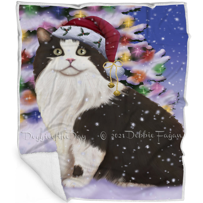 Winterland Wonderland Cymric Cat In Christmas Holiday Scenic Background Blanket BLNKT120756