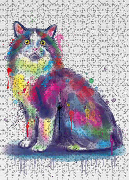 Watercolor Cymric Cat Portrait Jigsaw Puzzle for Adults Animal Interlocking Puzzle Game Unique Gift for Dog Lover's with Metal Tin Box