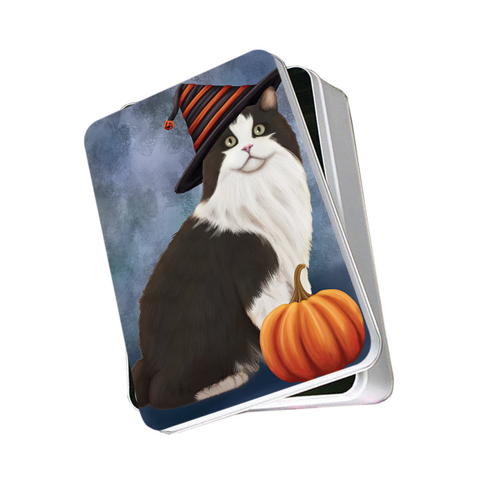 Happy Halloween Cymric Cat Wearing Witch Hat with Pumpkin Photo Storage Tin PITN54840