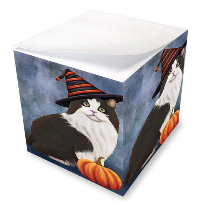Happy Halloween Cymric Cat Wearing Witch Hat with Pumpkin Note Cube NOC56543