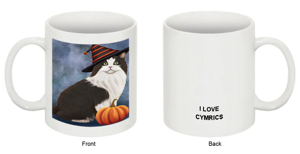 Happy Halloween Cymric Cat Wearing Witch Hat with Pumpkin Coffee Mug MUG50295