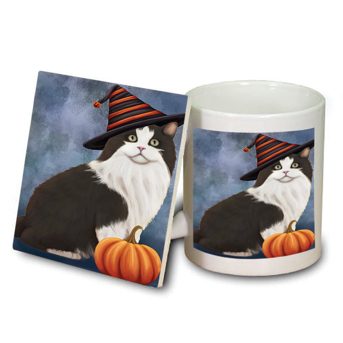Happy Halloween Cymric Cat Wearing Witch Hat with Pumpkin Mug and Coaster Set MUC54889