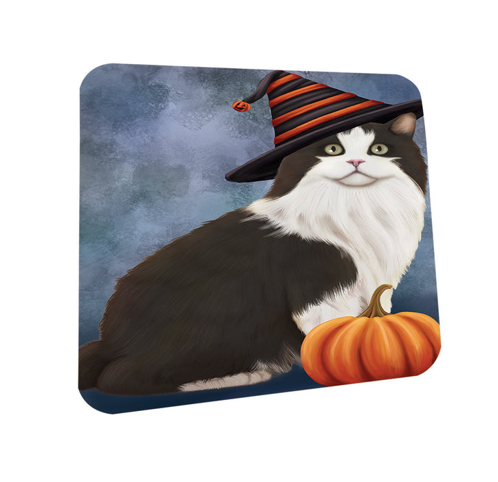 Happy Halloween Cymric Cat Wearing Witch Hat with Pumpkin Coasters Set of 4 CST54855