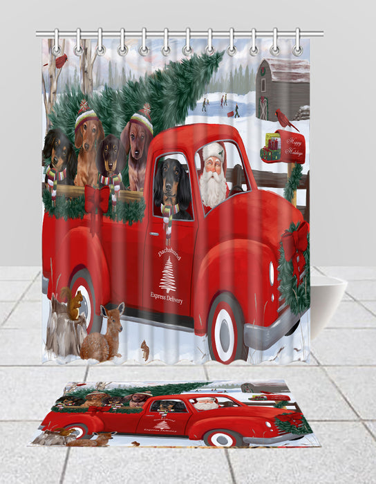 Christmas Santa Express Delivery Red Truck Dachshund Dogs Bath Mat and Shower Curtain Combo