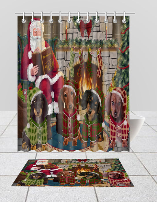 Christmas Cozy Holiday Fire Tails Dachshund Dogs Bath Mat and Shower Curtain Combo
