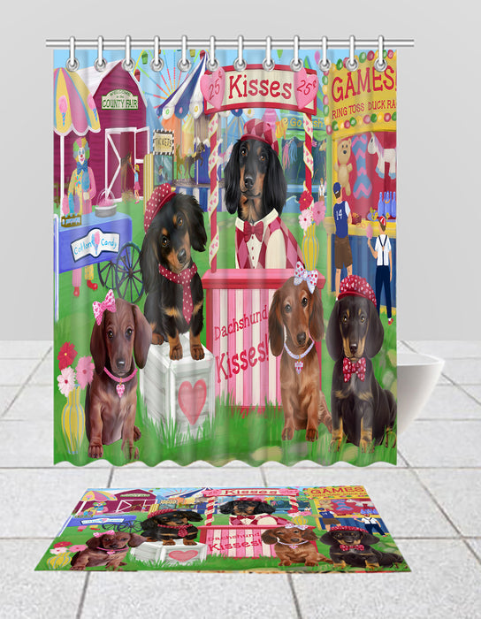 Carnival Kissing Booth Dachshund Dogs  Bath Mat and Shower Curtain Combo
