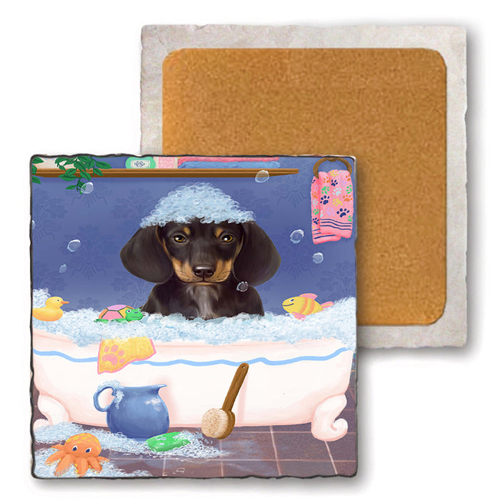 Rub A Dub Dog In A Tub Dachshund Dog Set of 4 Natural Stone Marble Tile Coasters MCST52362