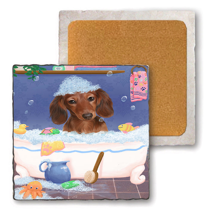 Rub A Dub Dog In A Tub Dachshund Dog Set of 4 Natural Stone Marble Tile Coasters MCST52363