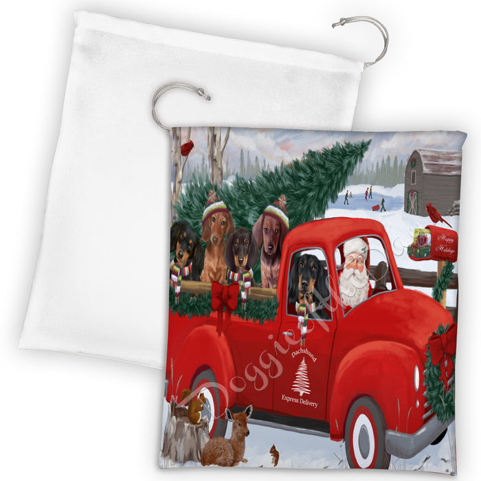 Christmas Santa Express Delivery Red Truck Dachshund Dogs Drawstring Laundry or Gift Bag LGB48302