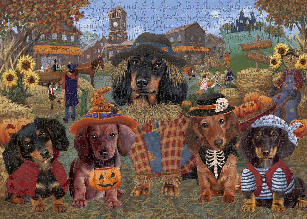 Halloween 'Round Town And Fall Pumpkin Scarecrow Both Dachshund Dogs Puzzle  PUZL96296